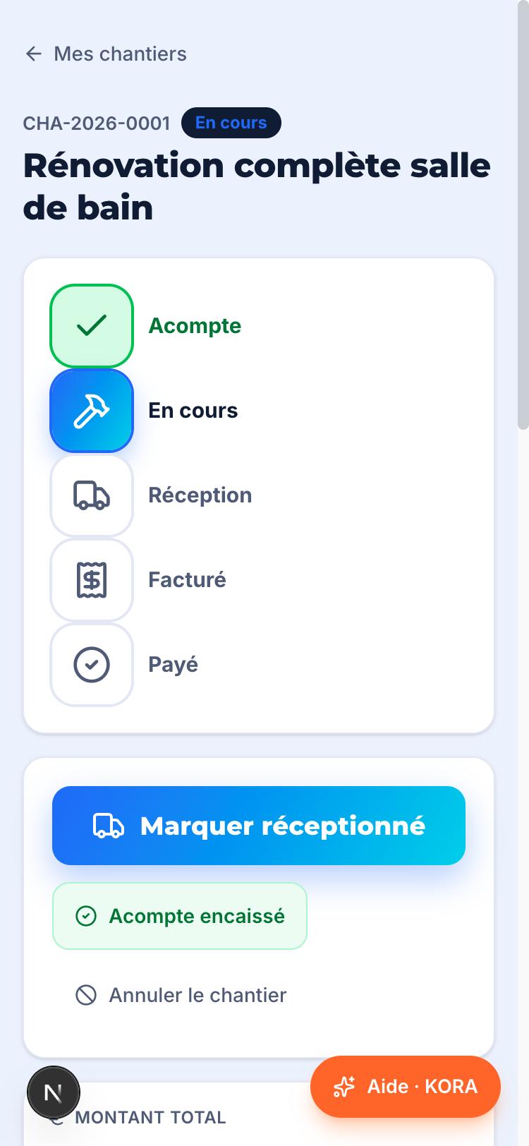 Frise d'un chantier BATISO : acompte, en cours, réception, facturé, payé